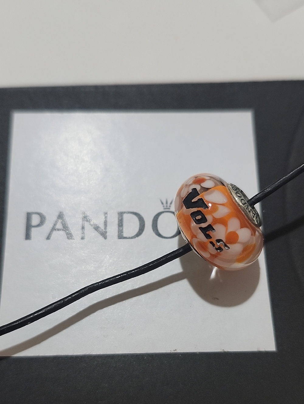 Pandora Retired Large Murano Glass Orange Blossoms Engraved VOLS  Bead - 790751